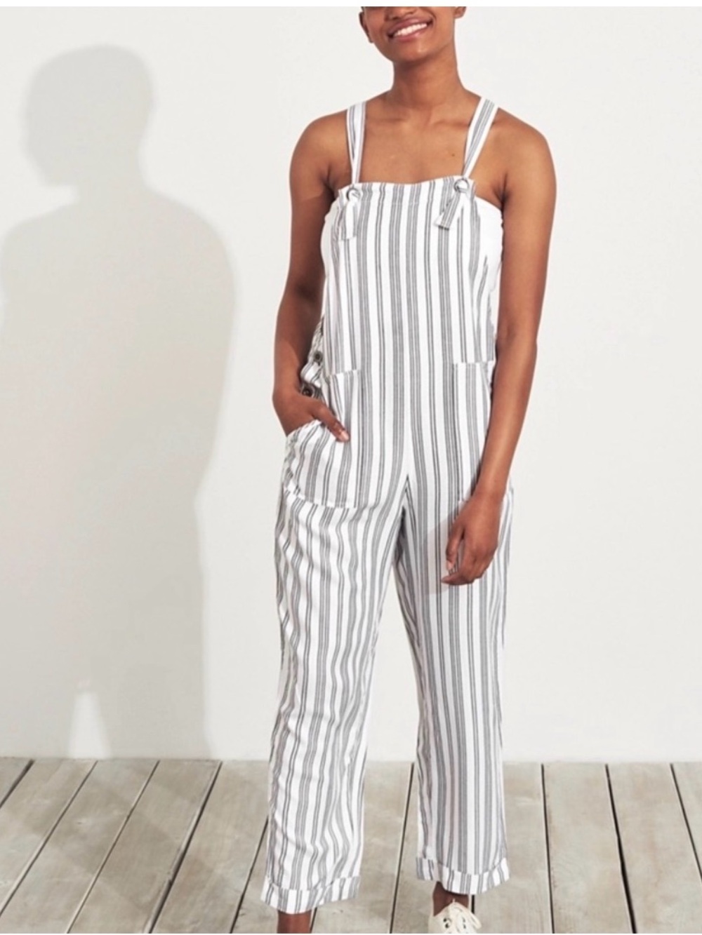 Hollister White and Gray Striped Linen-Blend Jumpsuit Small